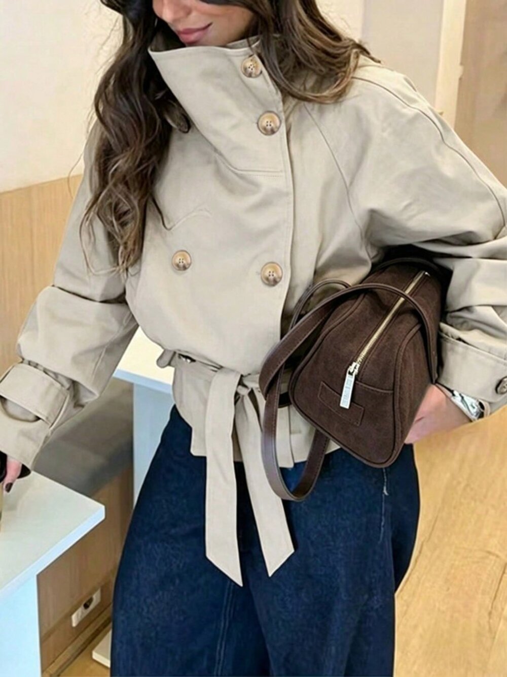 Light Khaki Casual Women's Double-Breasted Loose Drop Shoulder Lapel Trench Coat